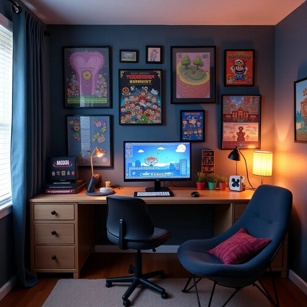 a photo of a retro video game gallery wall with pixel art and nostalgic memorabilia in a gamer teen's room