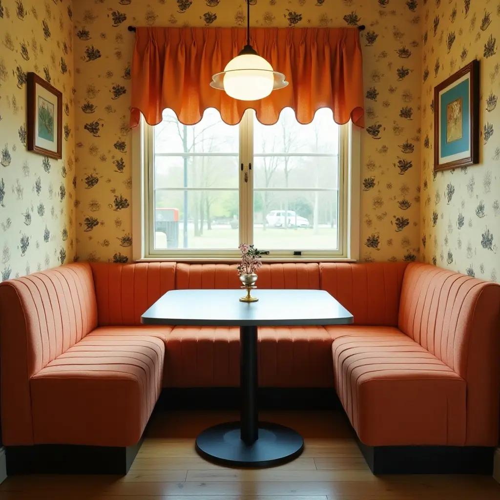 a photo of a vintage breakfast nook with a retro table and patterned wallpaper