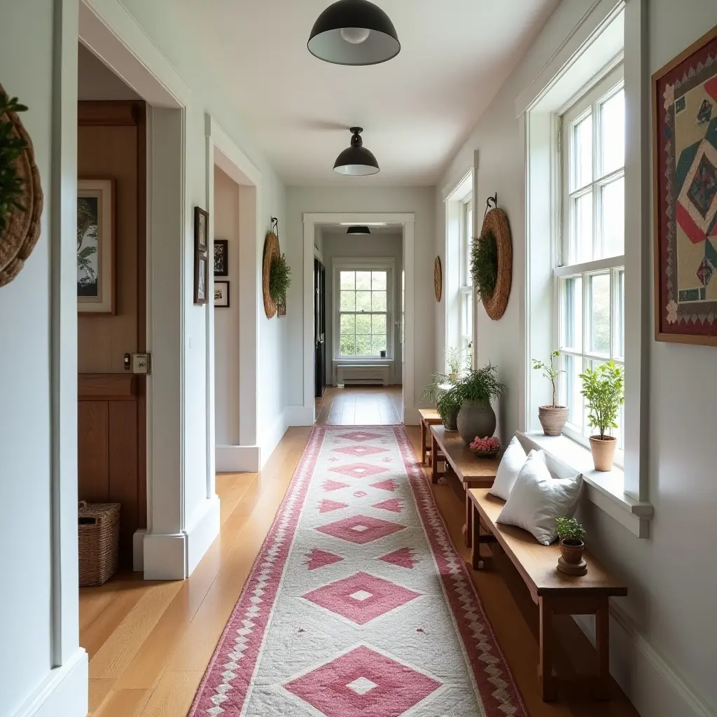 a photo of a farmhouse hallway adorned with handmade quilts and decor