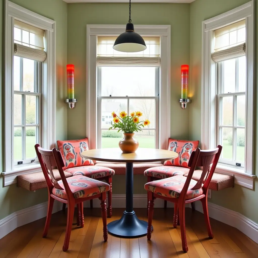 a photo of a colorful breakfast nook with mismatched chairs and vibrant decor