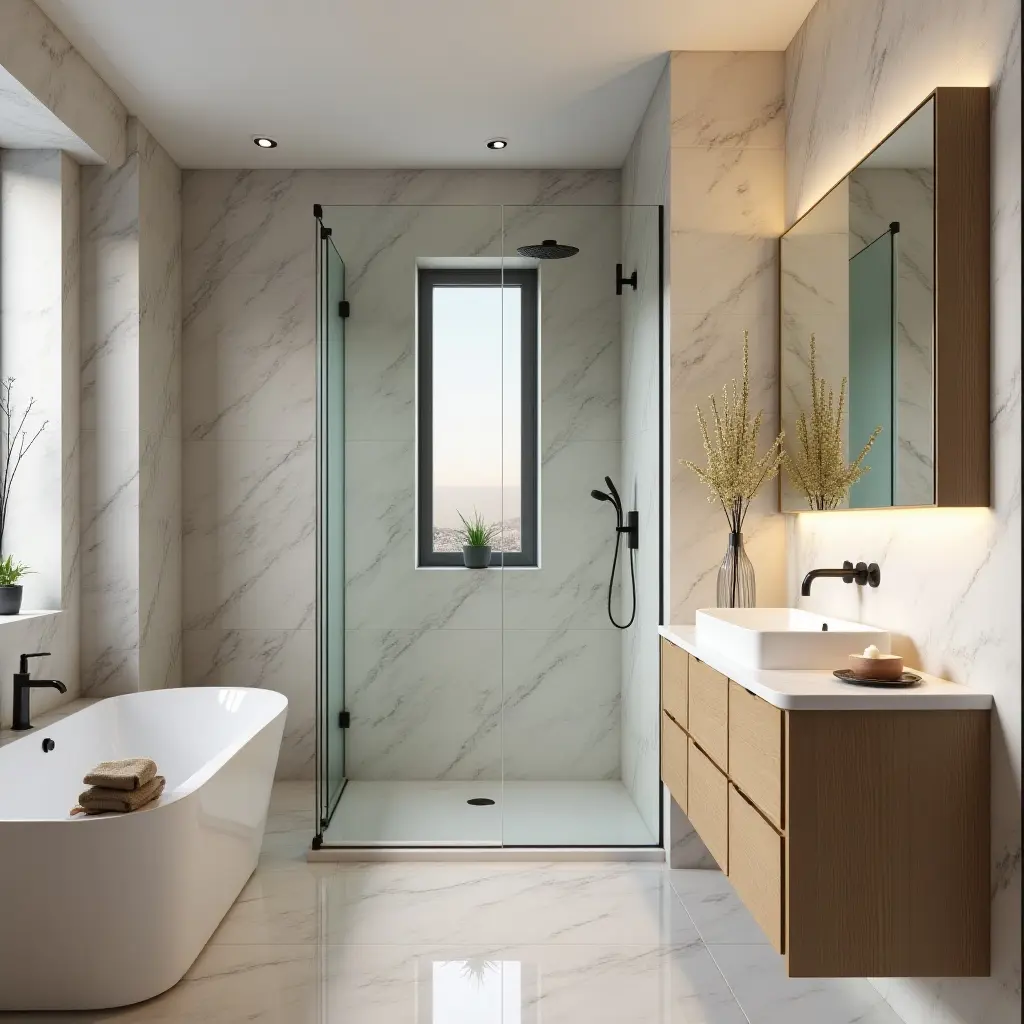 a photo of a small bathroom optimized with space-saving designs and decor