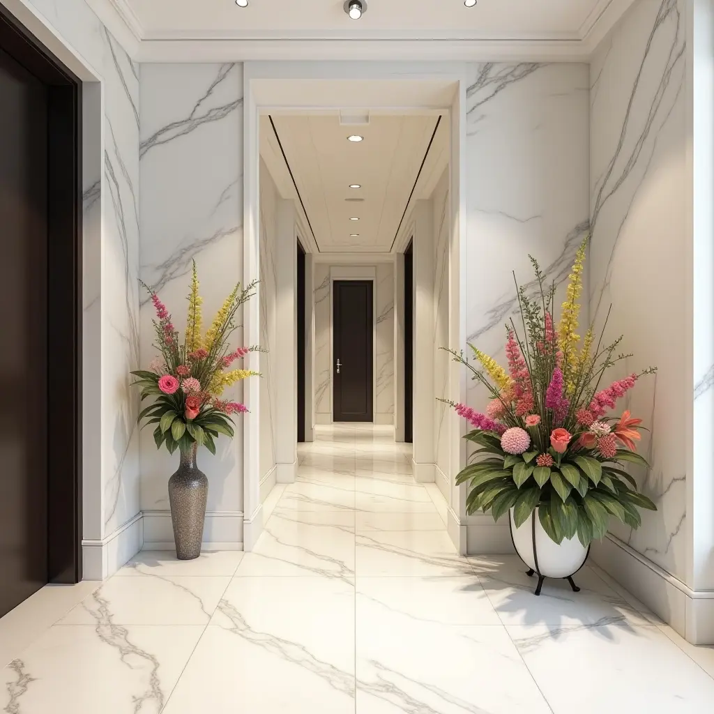 a photo of a chic entrance hall with marble walls and vibrant floral arrangements