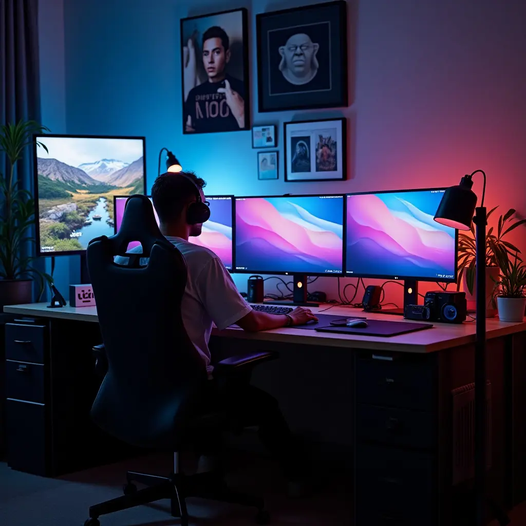 a photo of a tech-savvy study area with multiple screens
