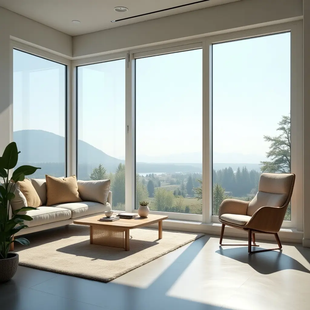 a photo of a bright, airy office with a view and comfortable seating