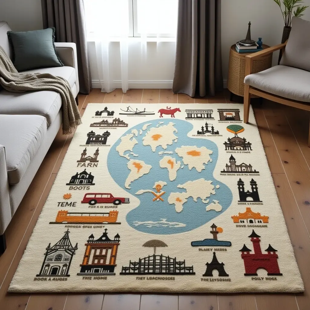 a photo of a rug featuring famous landmarks for travel enthusiasts
