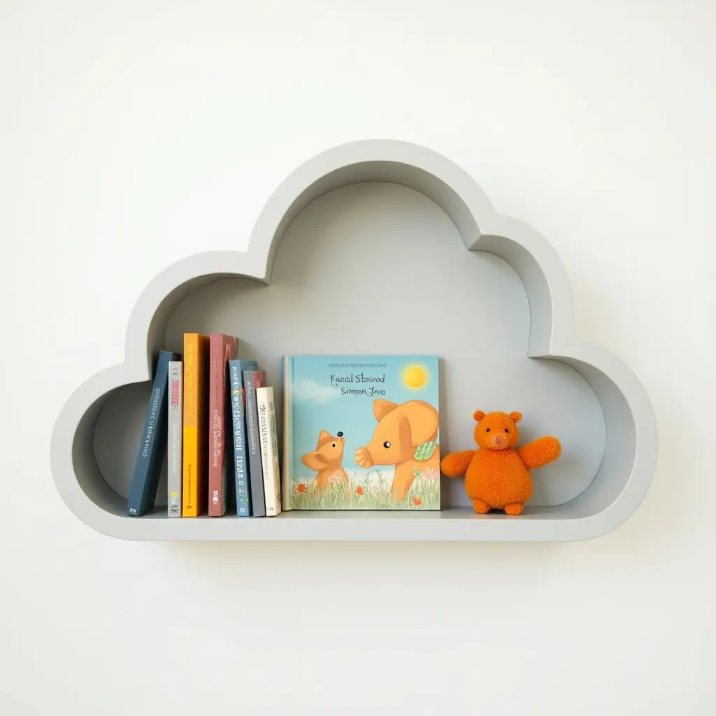 a photo of a whimsical cloud-shaped shelf filled with children's books