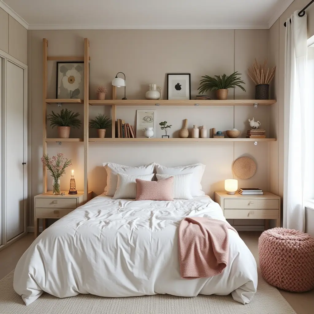 a photo of a teen's bedroom with layered shelving and decorative elements