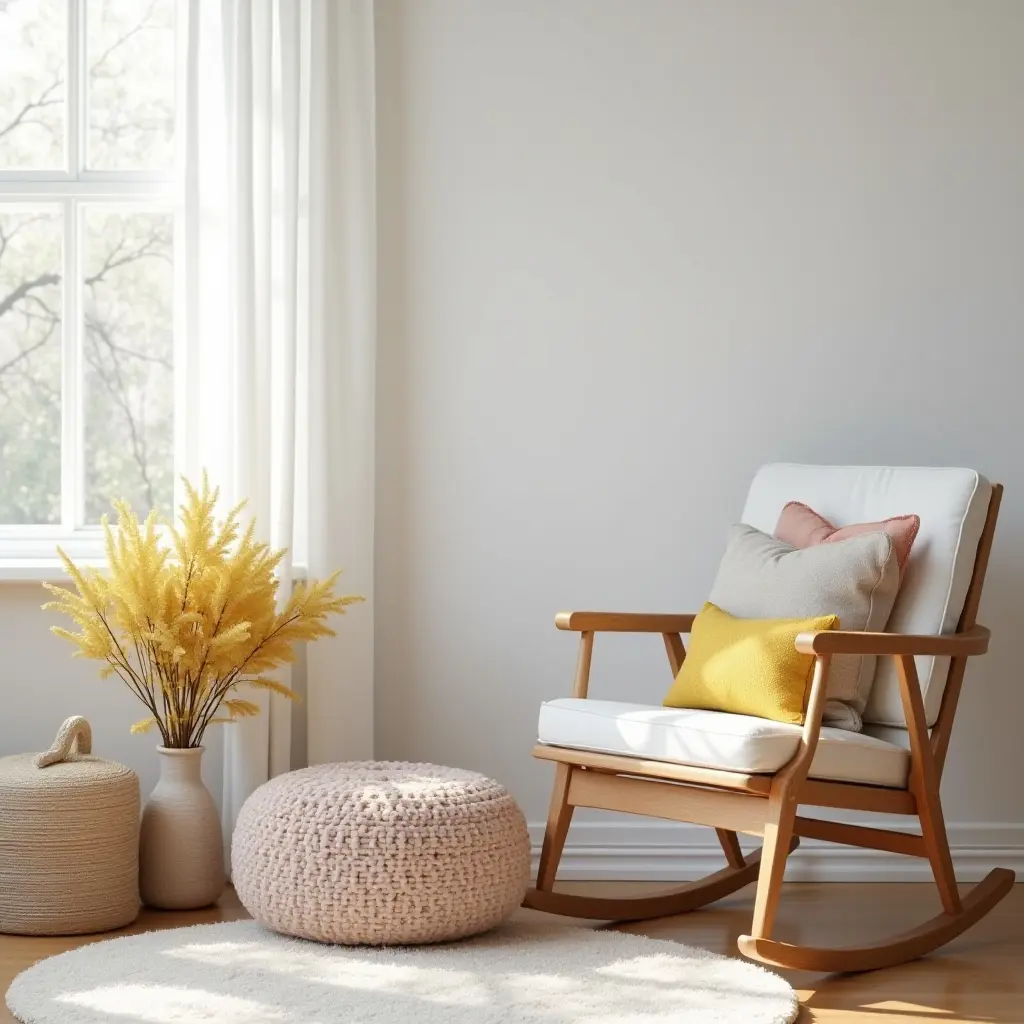 a photo of a cozy nursery with colorful throw pillows on a rocking chair