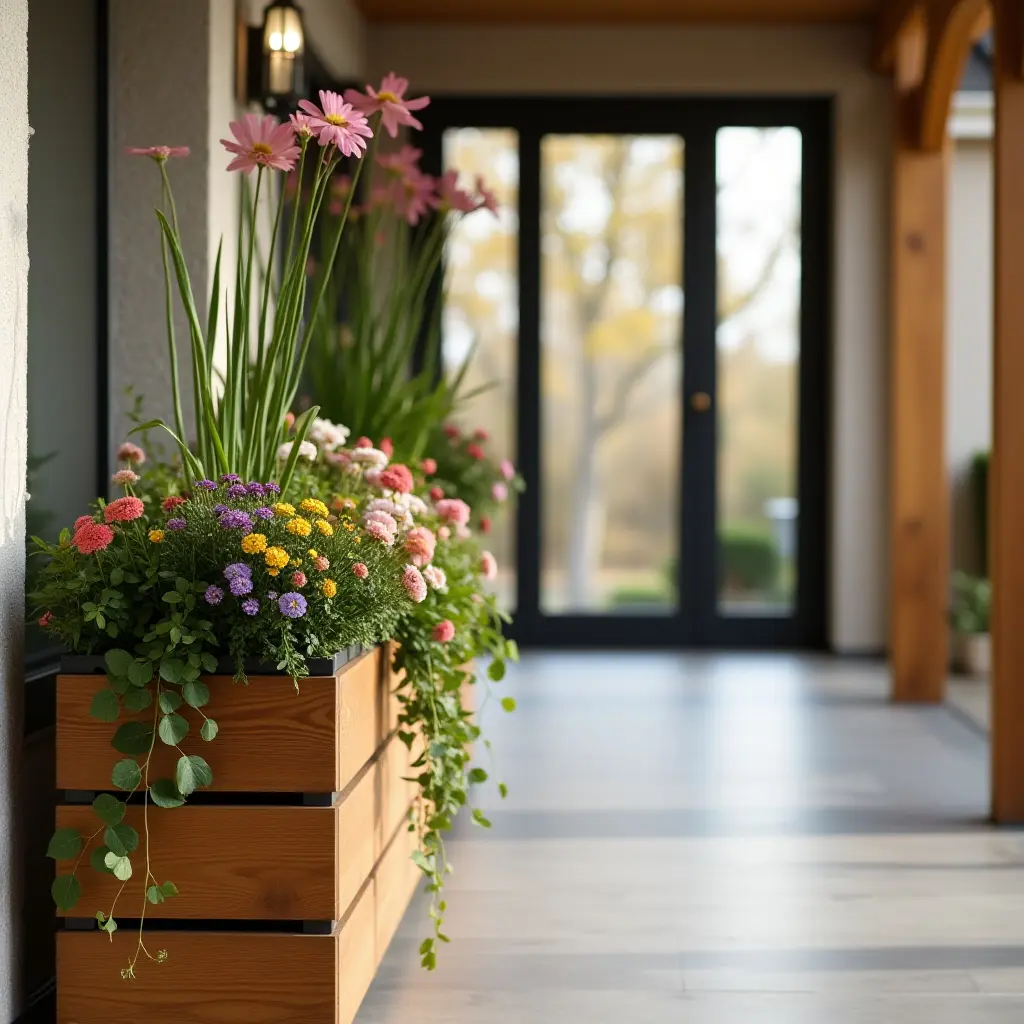 a photo of a wooden planter with flowers in the entrance hall