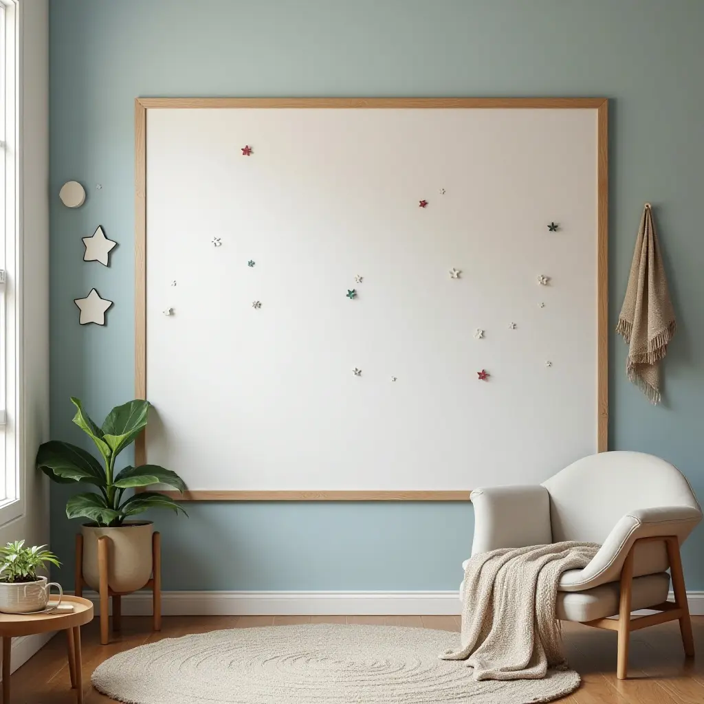 a photo of a wall showcasing a large, interactive magnetic board for creativity in a teen's room