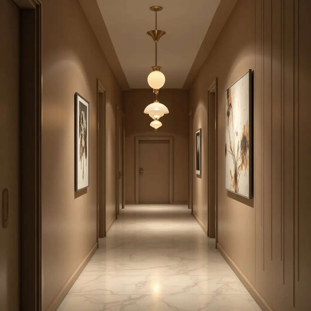 a photo of a corridor with pendant lighting that complements wall art