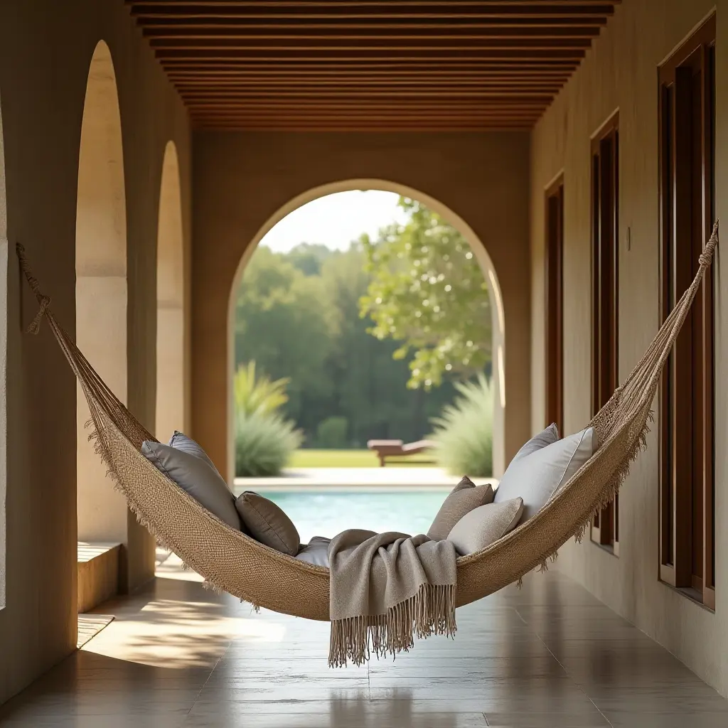 a photo of a serene corridor with a hammock and soft pillows