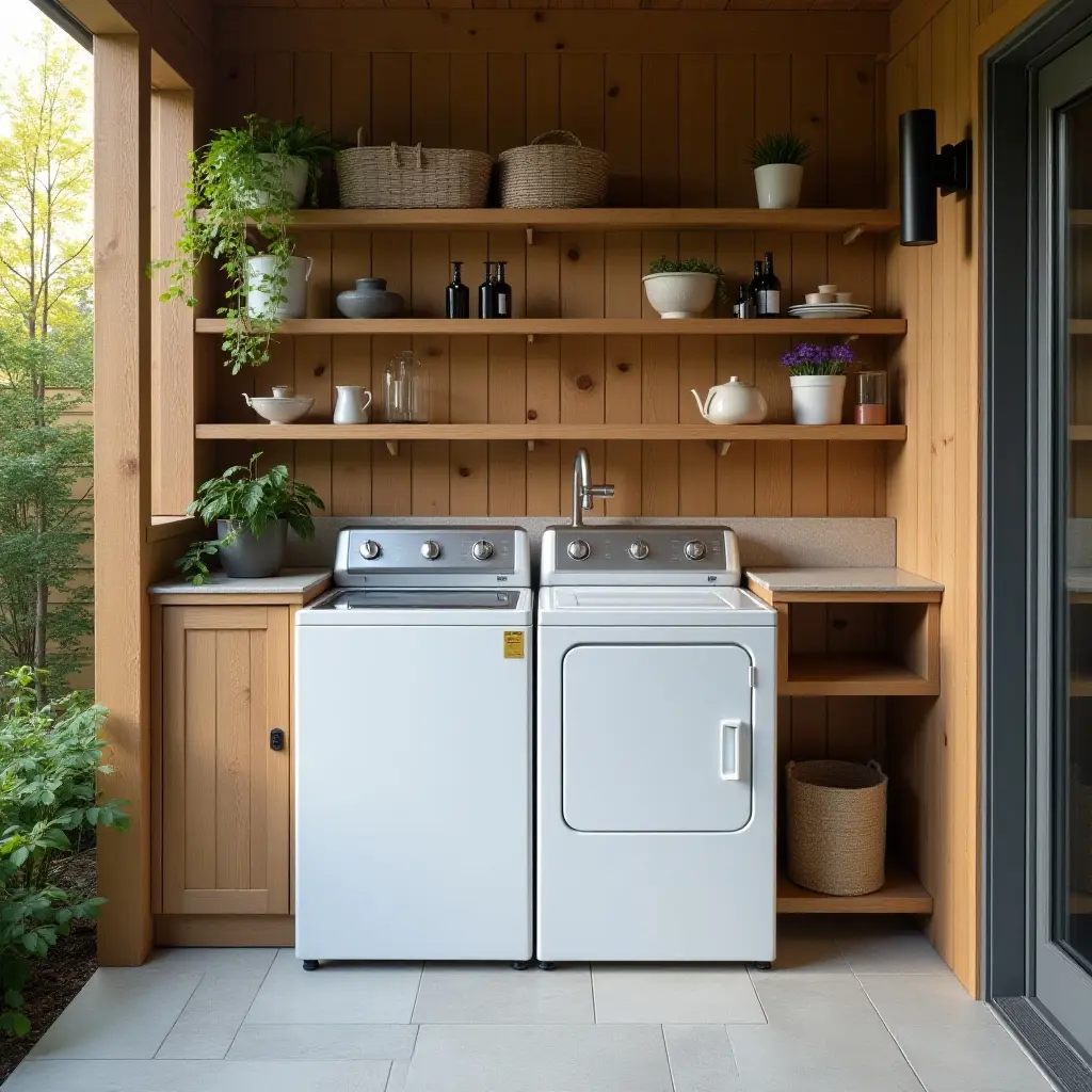 a photo of an outdoor laundry area with a dual-functioning utility sink