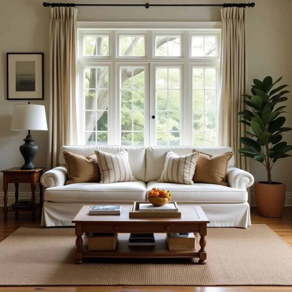 a photo of a colonial-style settee paired with an antique coffee table in a living room