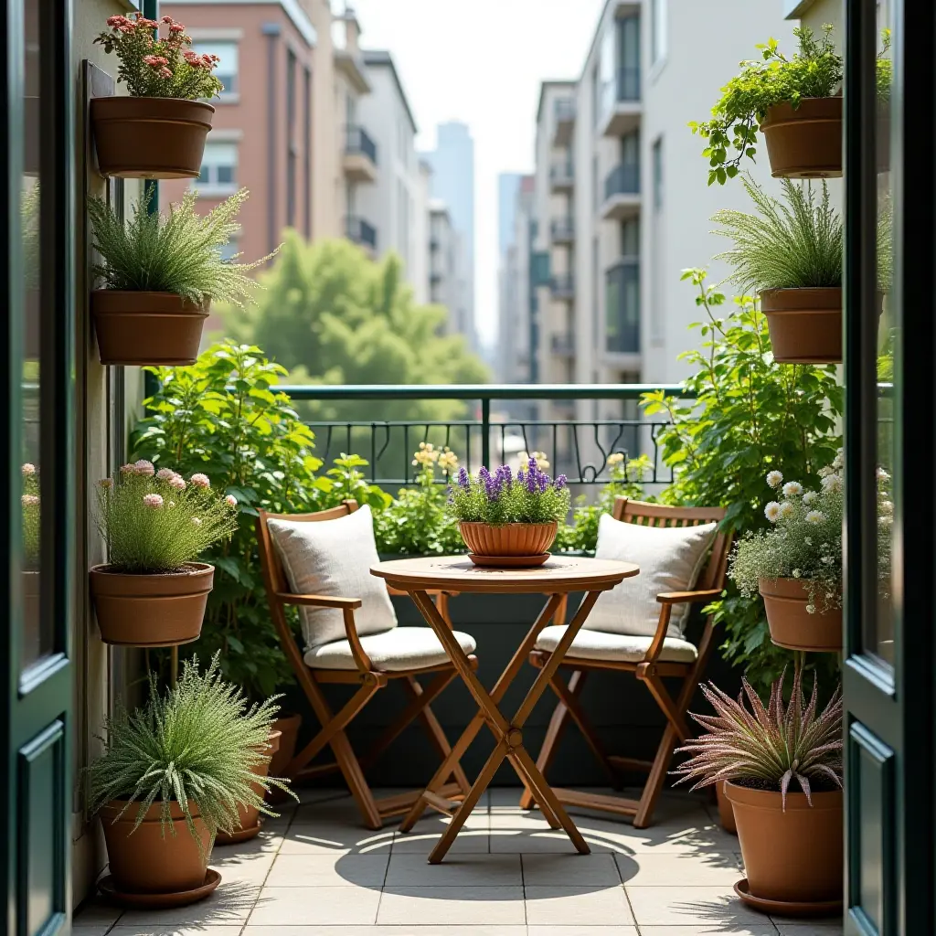 a photo of a balcony with vertical planters and a folding table