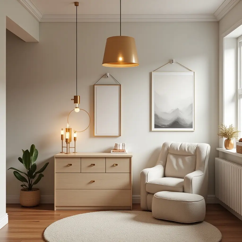 a photo of a playful kids' room with bronze metallic light fixtures