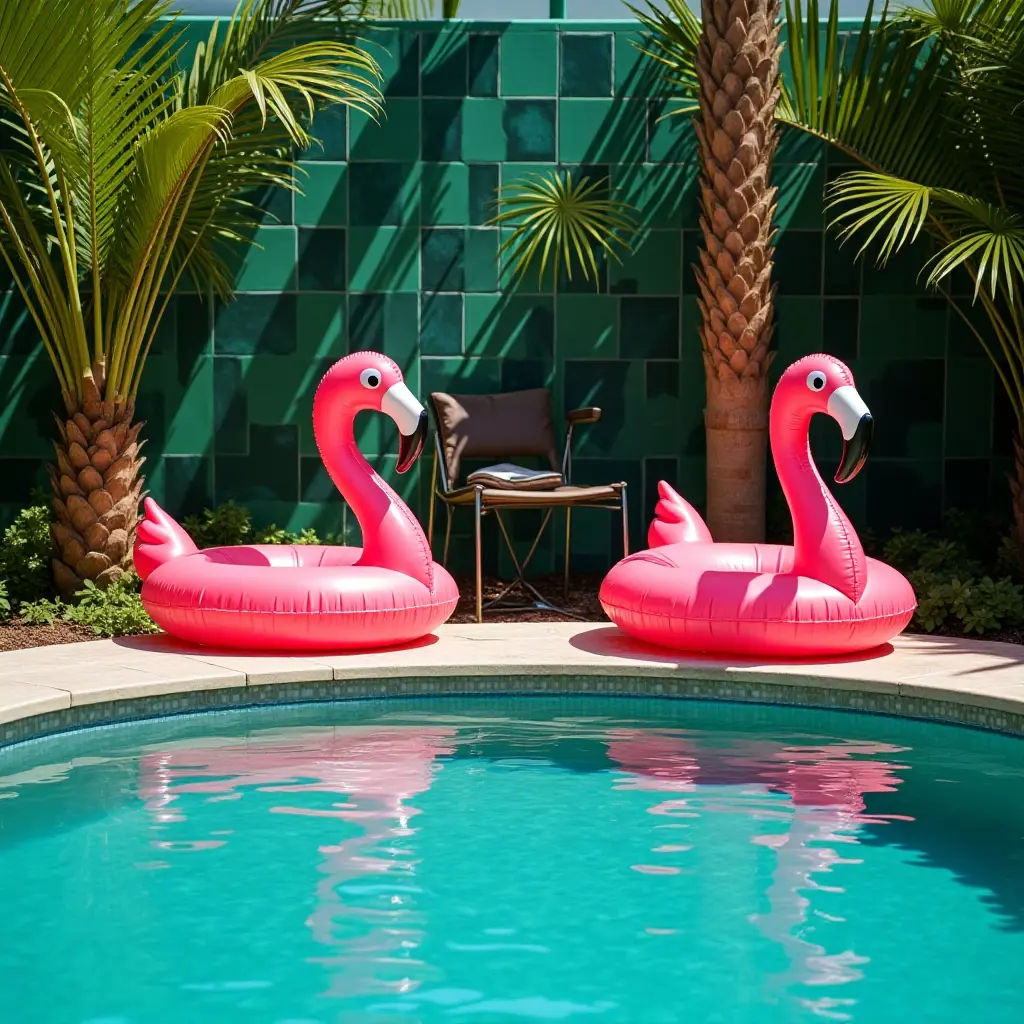 a photo of a tropical pool area with pink flamingo floaties and teal tiles