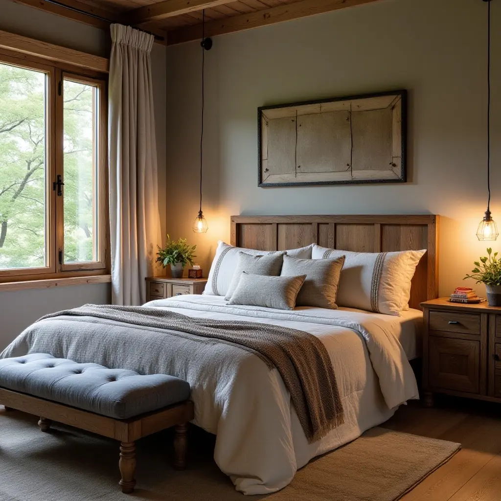 a photo of a rustic teen bedroom combining fabric, wood, and metal elements