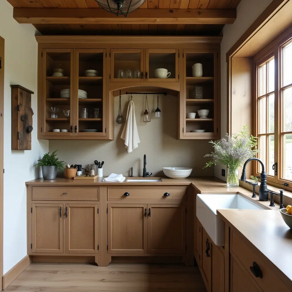 a photo of a rustic butler's pantry featuring reclaimed wood and vintage accents
