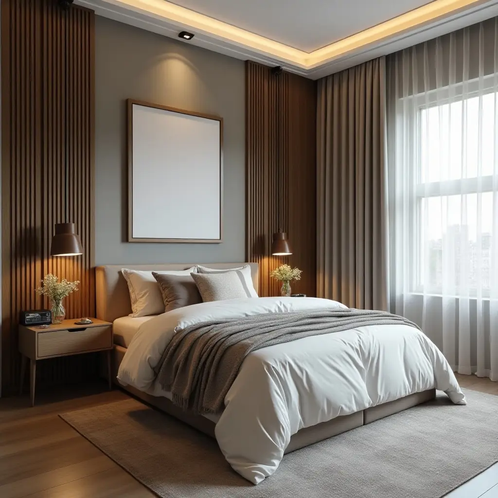a photo of a sophisticated teen room showcasing elegant fabric, wood, and metal