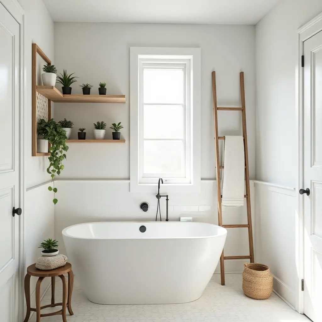 a photo of a stylish bathroom with a plant ladder shelf