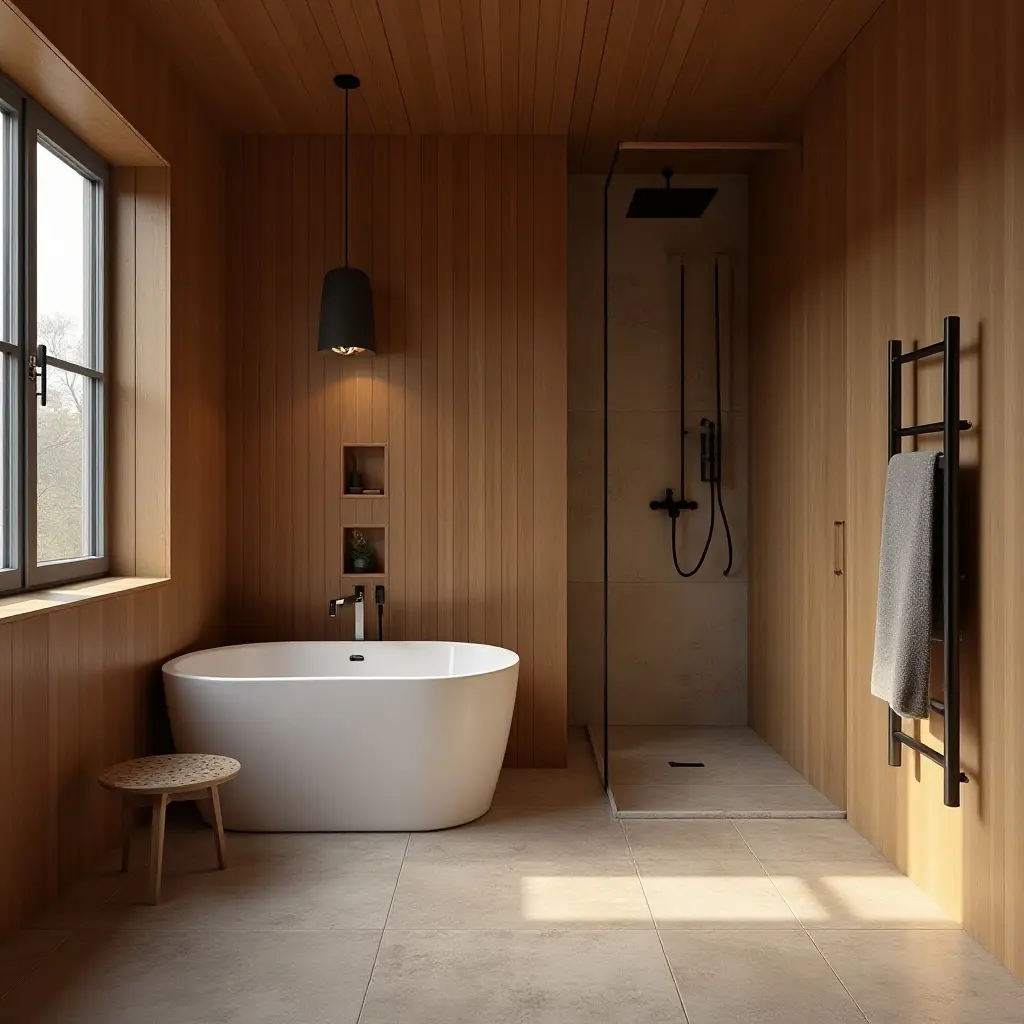 a photo of a cozy bathroom with warm wood, cool metal, and textured tiles