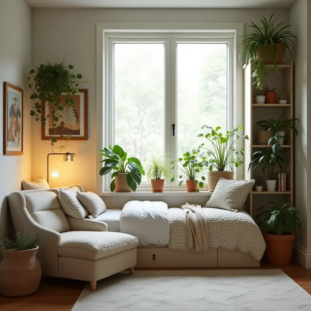 a photo of a teen's room with a plant-filled window seat