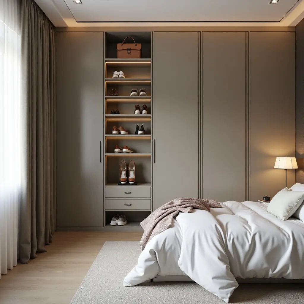 a photo of a chic bedroom featuring a shoe storage solution