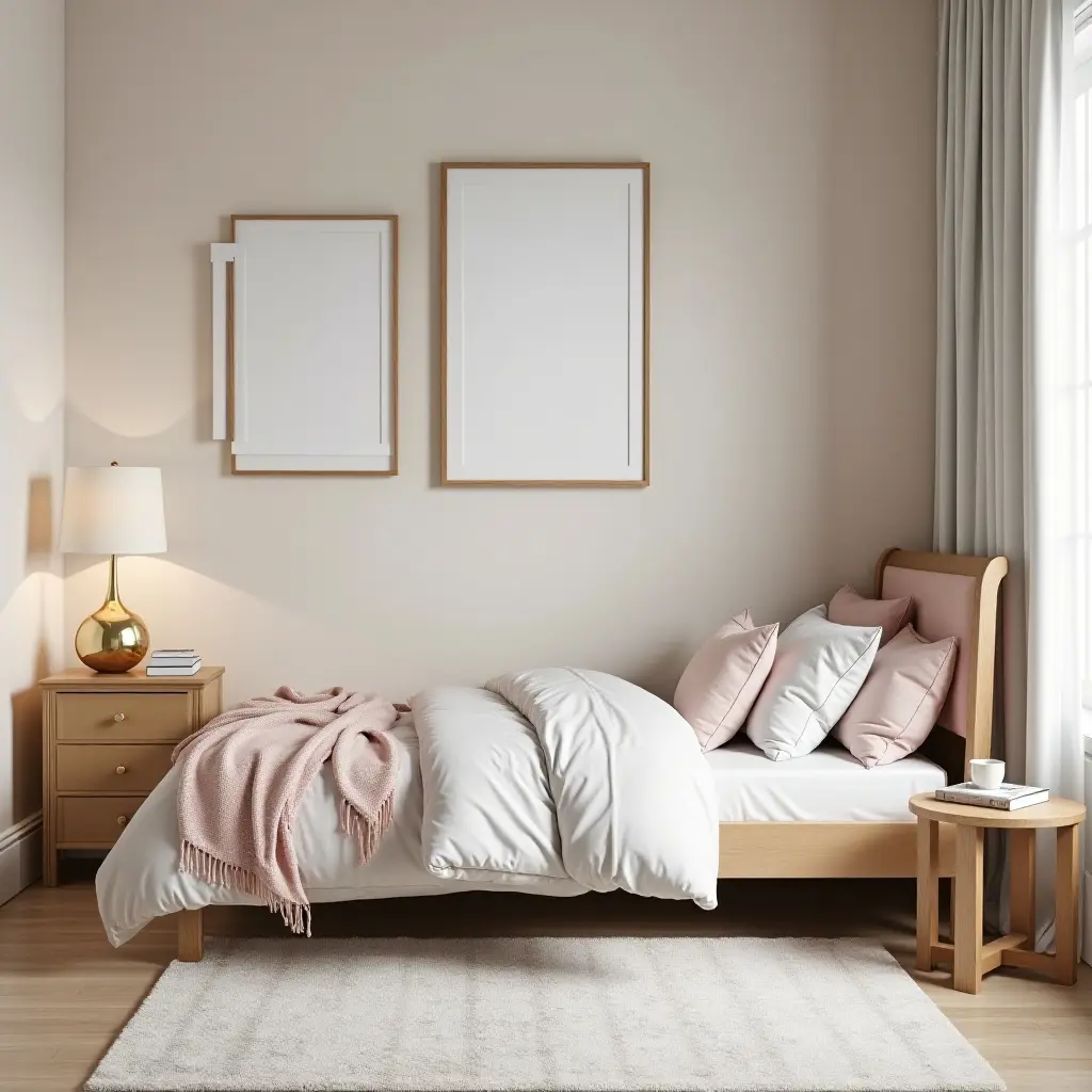 a photo of a cozy children's bedroom with metallic furniture accents