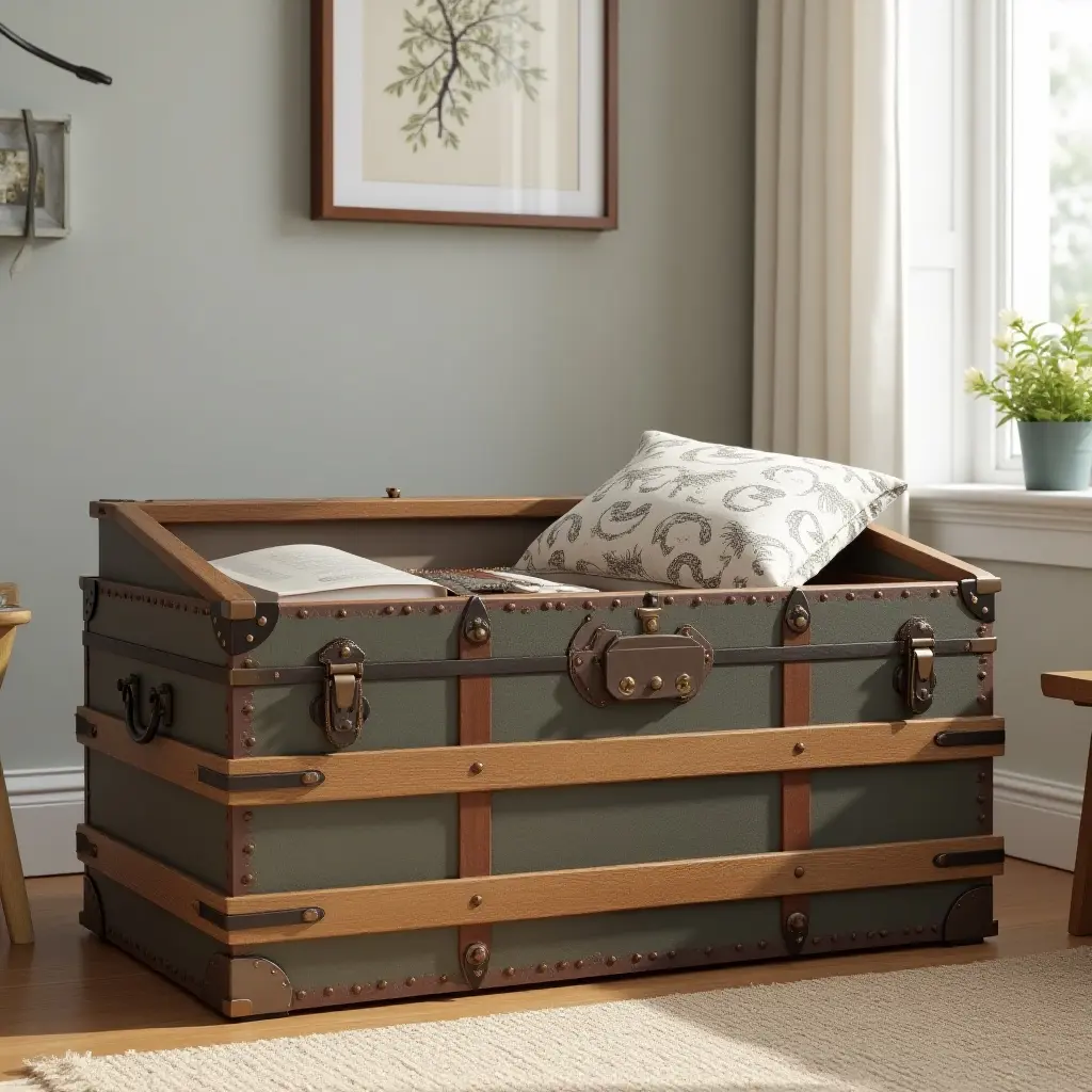 a photo of a vintage trunk as a toy box in a kids' room