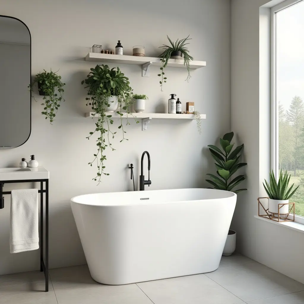 a photo of a sleek bathroom with wall-mounted planters and succulents