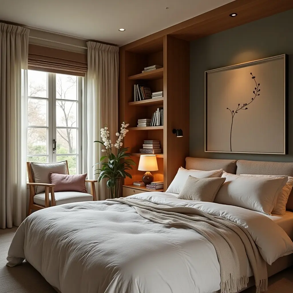 a photo of a bedroom with a cozy reading corner and built-in shelves