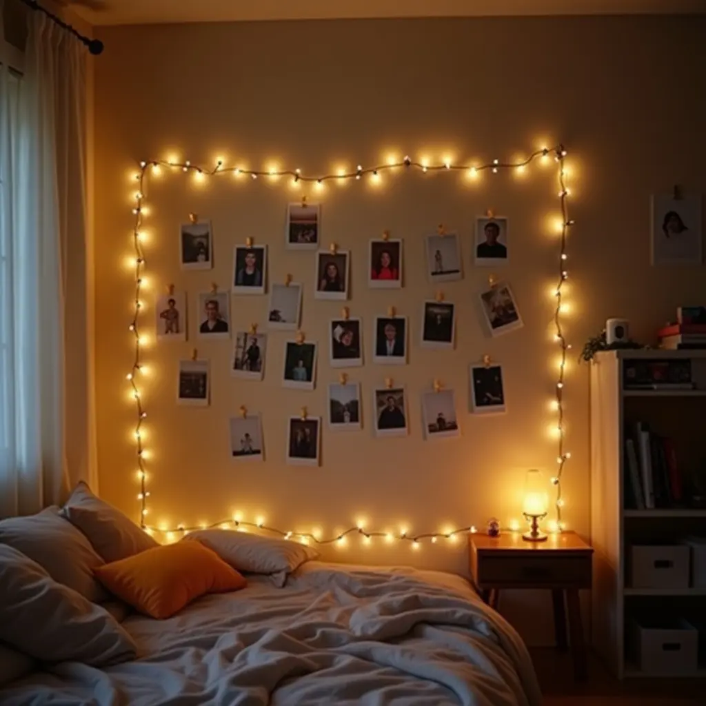 a photo of a wall covered with string lights and polaroid photos in a cozy teen's room