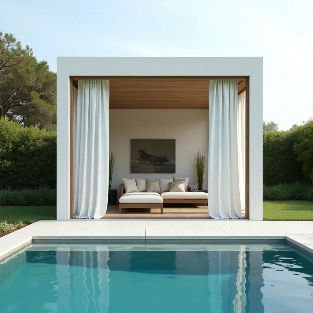 a photo of a modern poolside cabana with elegant drapes