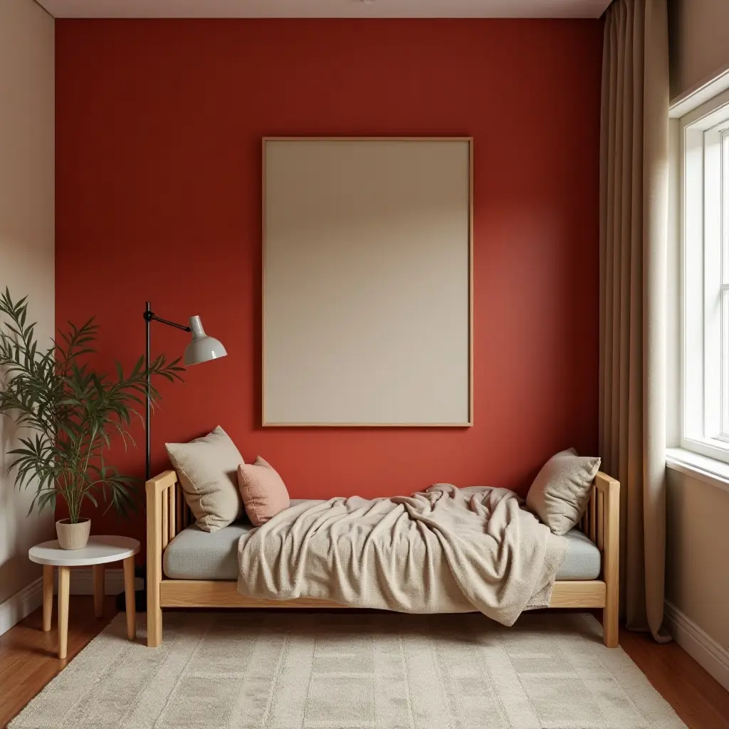 a photo of a rustic red and beige color combination in a teen's room