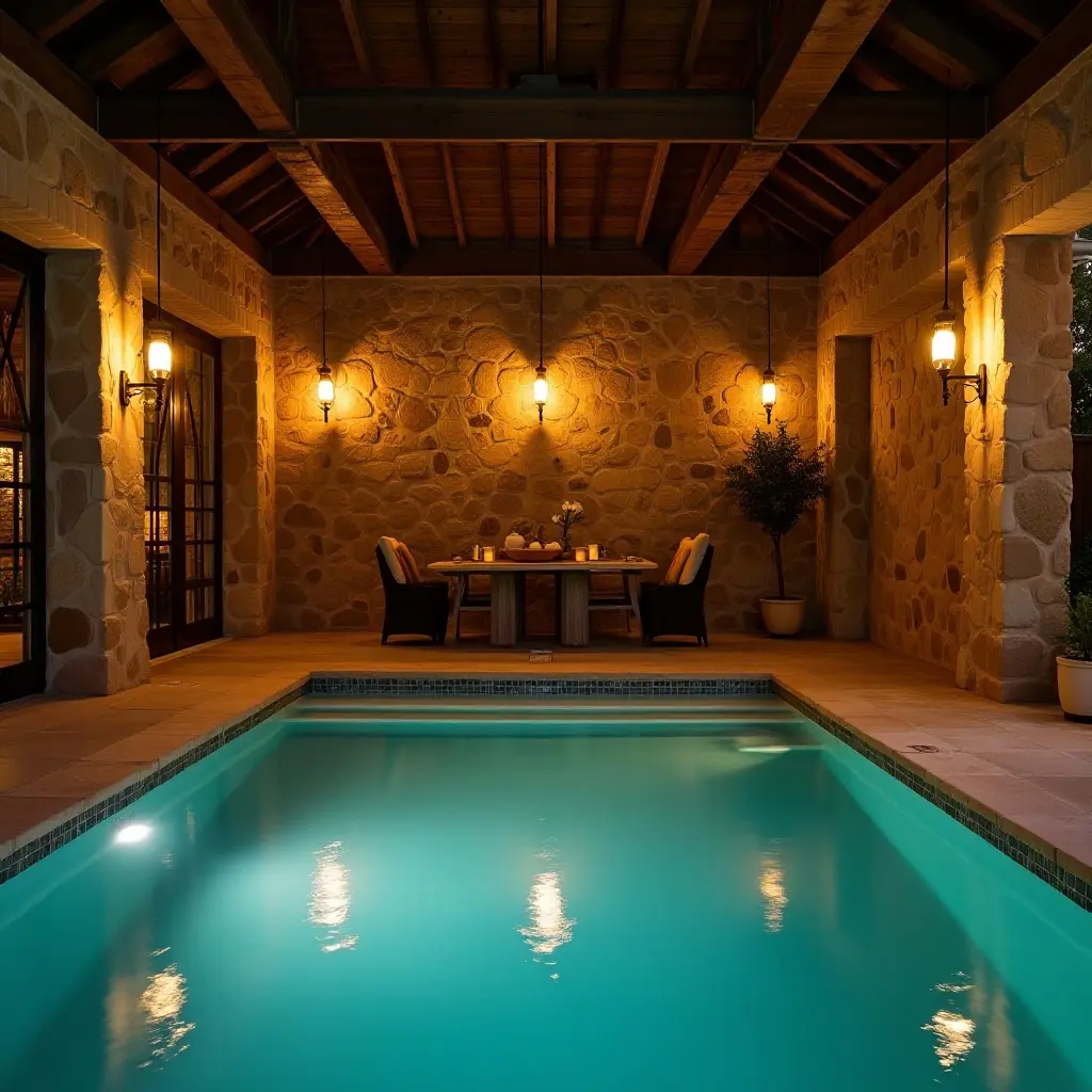 a photo of a rustic pool area featuring vintage pendant lighting