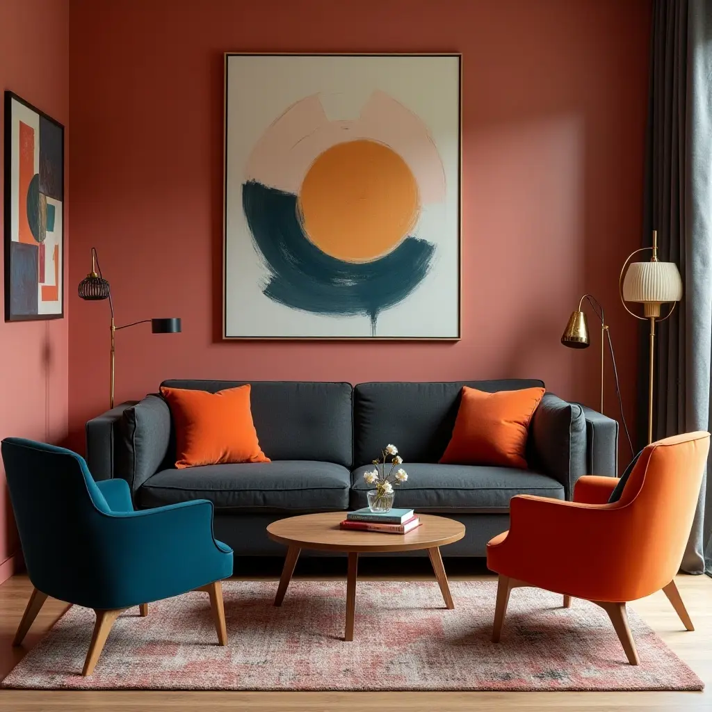 a photo of a dark grey couch surrounded by bold, colorful accent chairs in a vibrant room