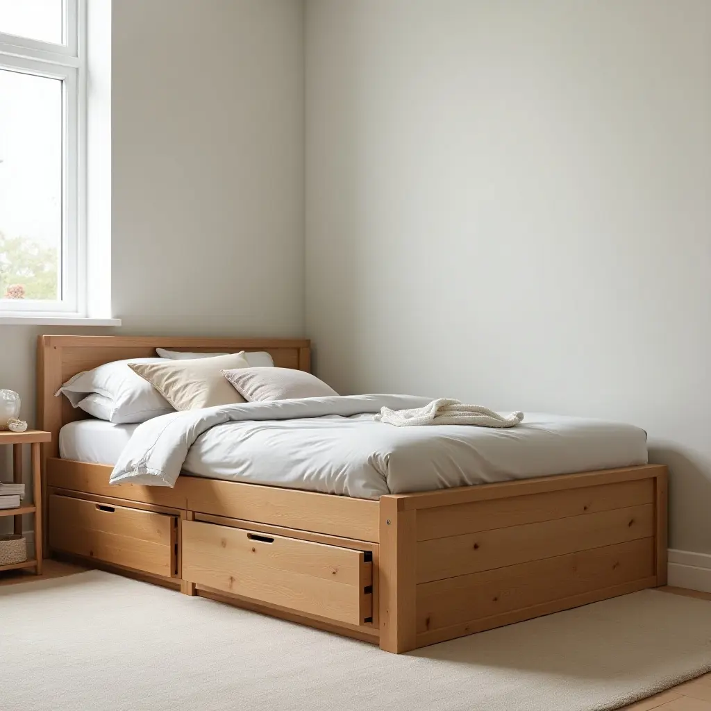 a photo of a wooden bed frame with storage drawers in a teen's bedroom