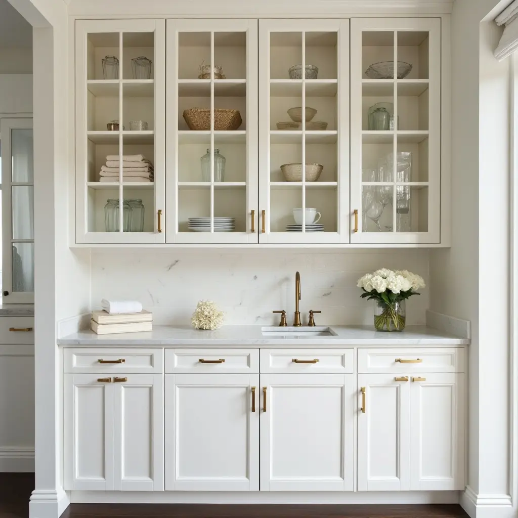 a photo of a luxurious butler's pantry with gold hardware and glass-front cabinets