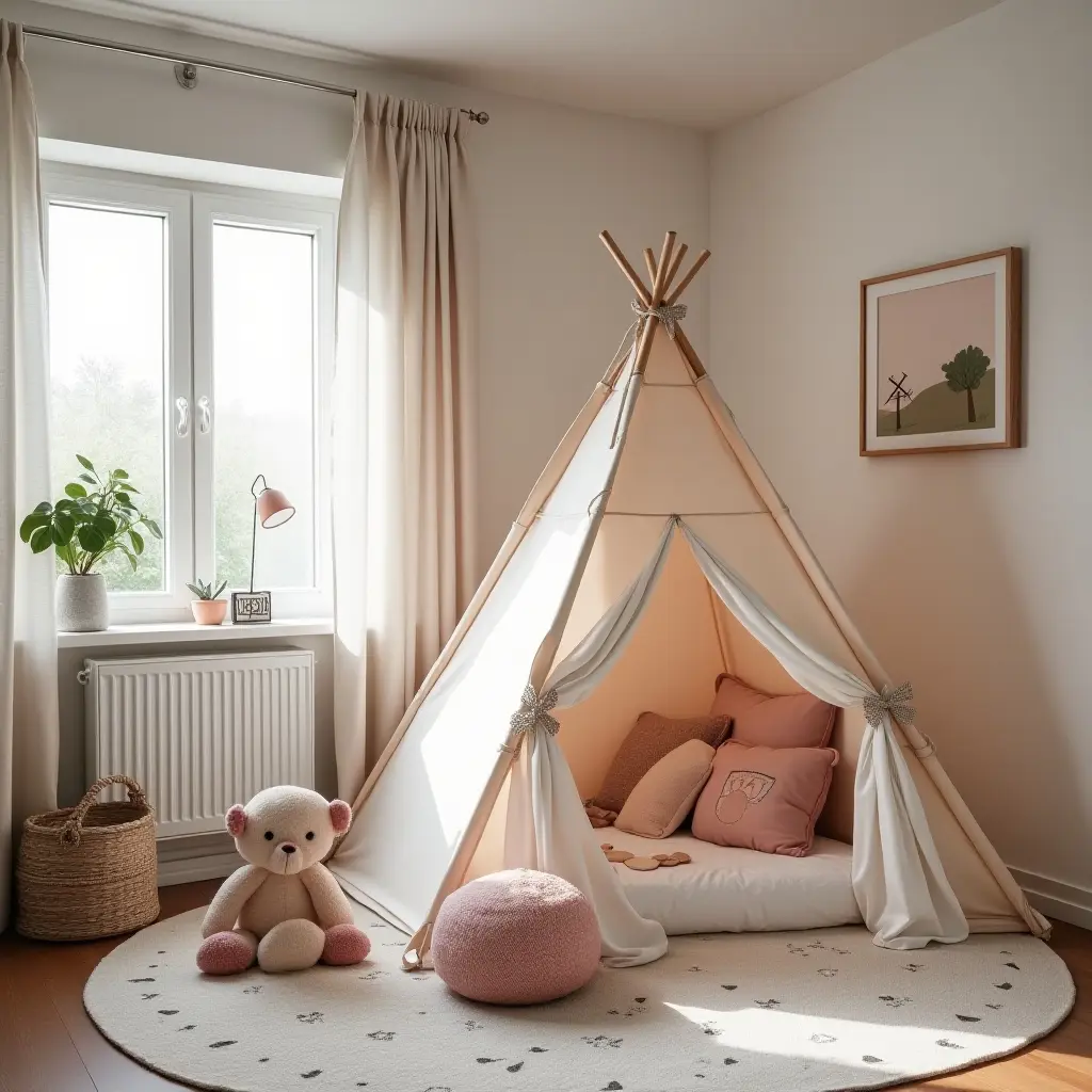 a photo of a small kids' bedroom with a cozy tent setup