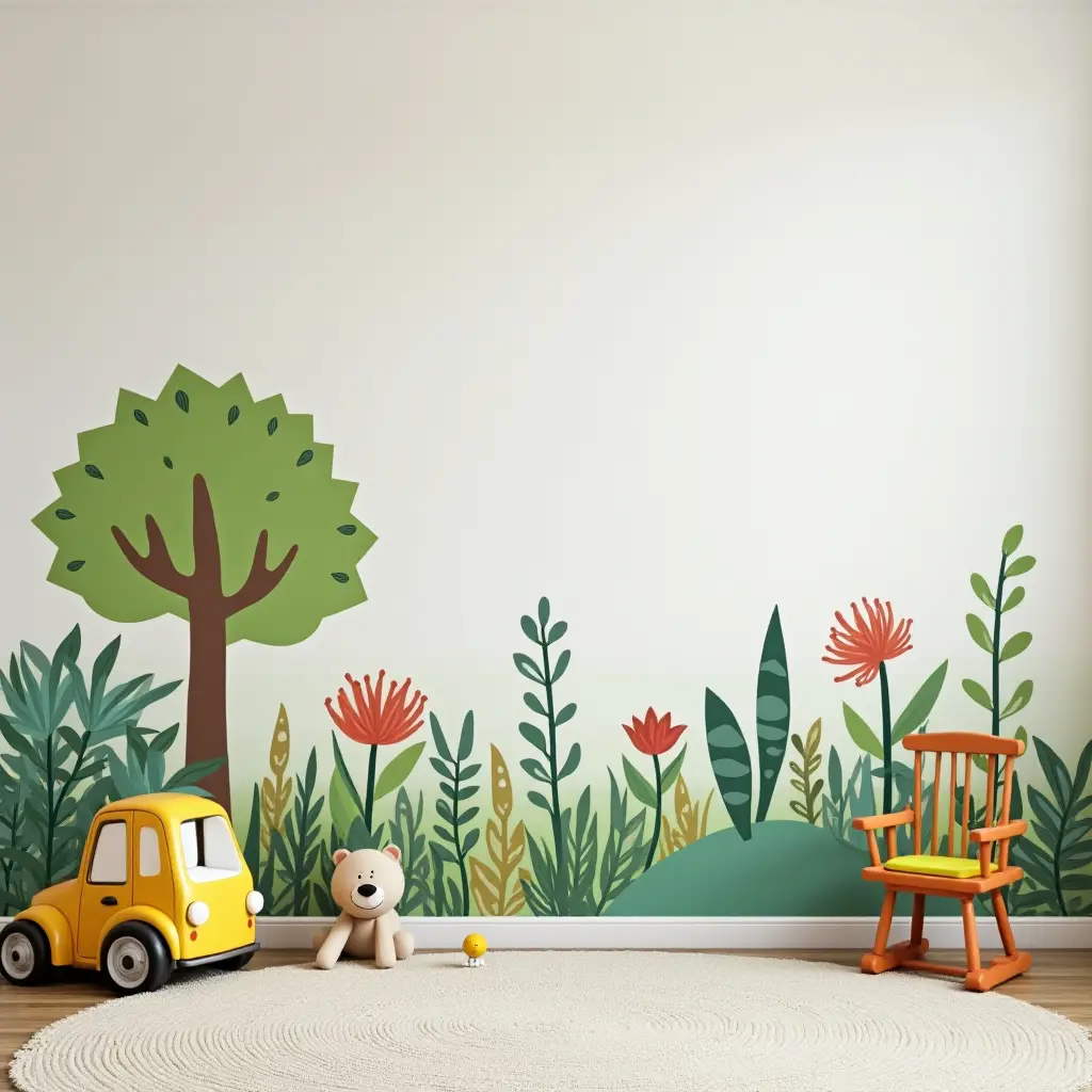 a photo of a colorful plant wall mural in a child's room