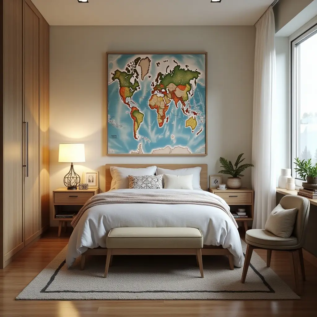 a photo of a teen's bedroom with a creative, themed decor based on travel