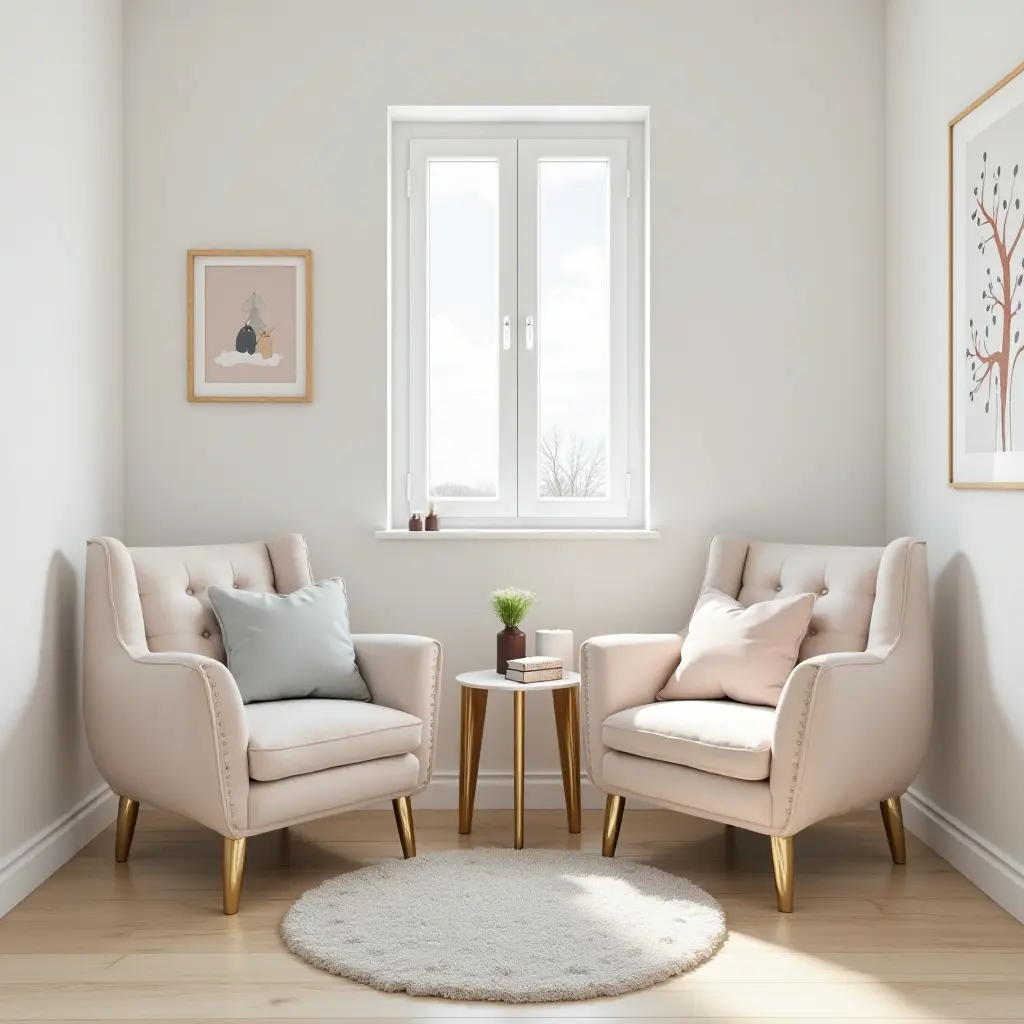 a photo of a modern children's room with metallic furniture legs