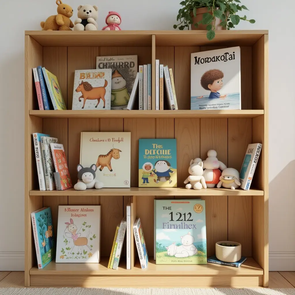 a photo of a wooden bookshelf filled with children's books