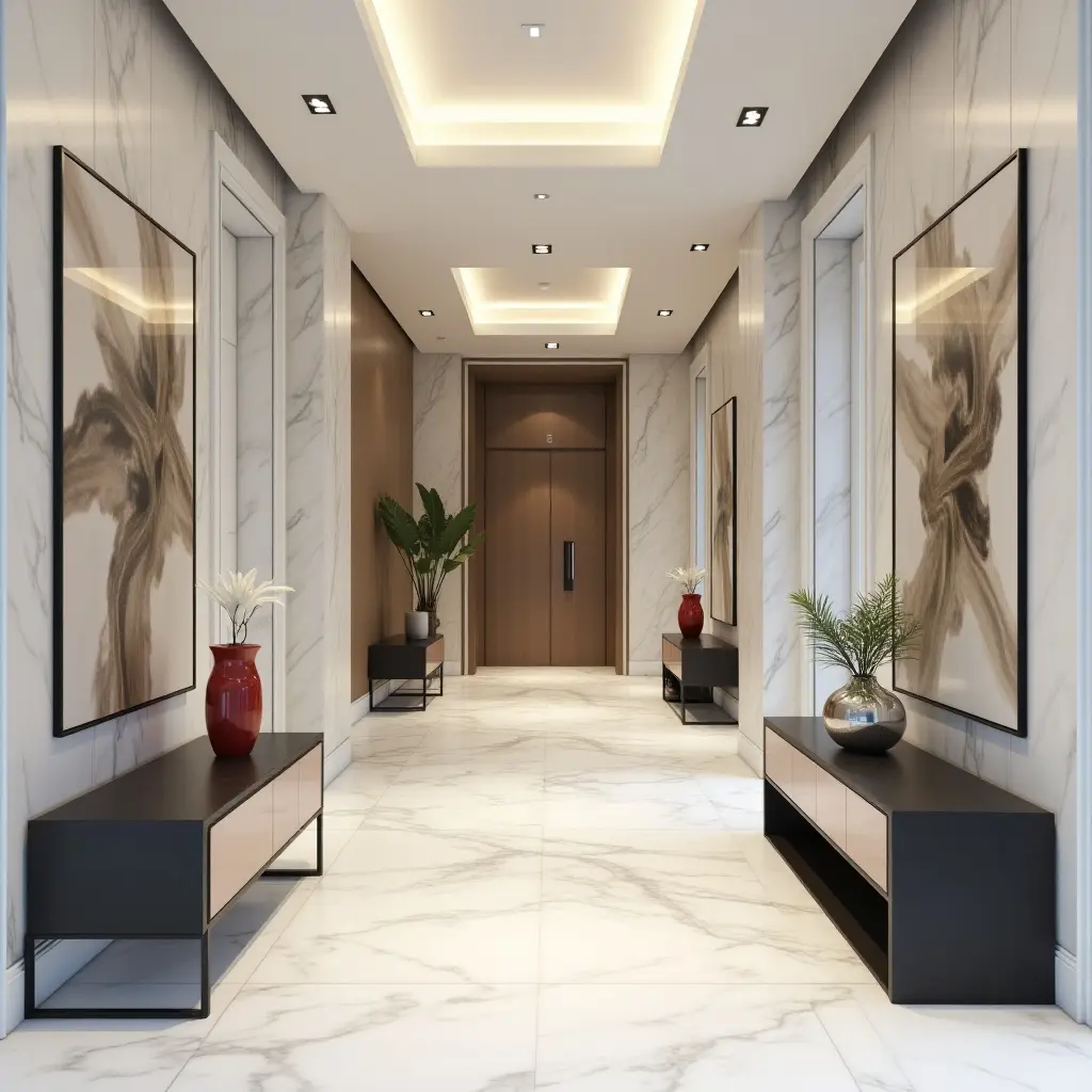a photo of a modern corridor featuring marble walls and chic furniture
