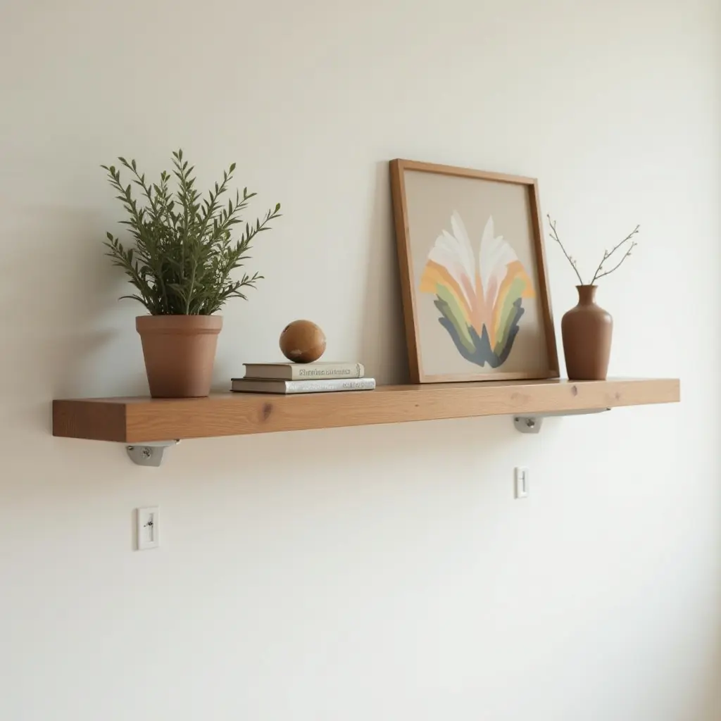 a photo of a wooden wall shelf with decorative items in a teen's room