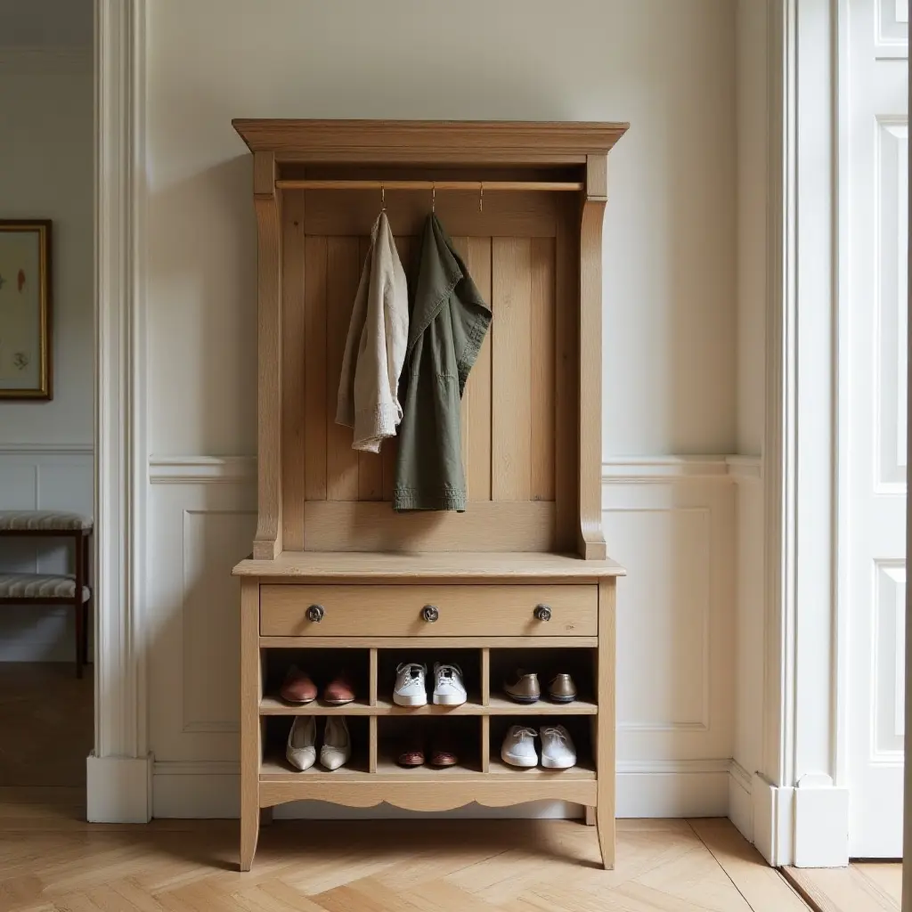 a photo of a charming vintage shoe cabinet in an entrance hall