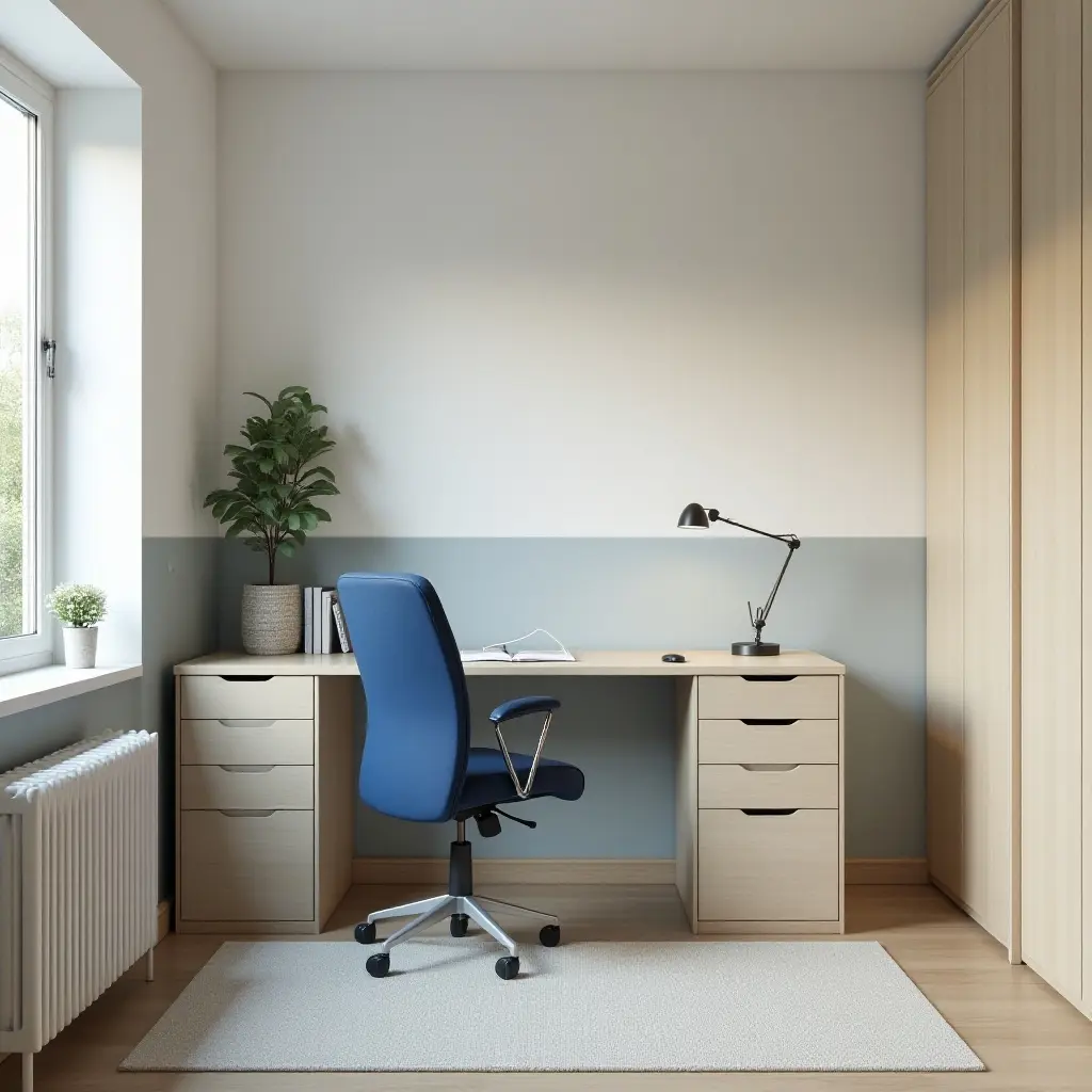 a photo of a cream and blue home office corner with a stylish desk and ergonomic chair