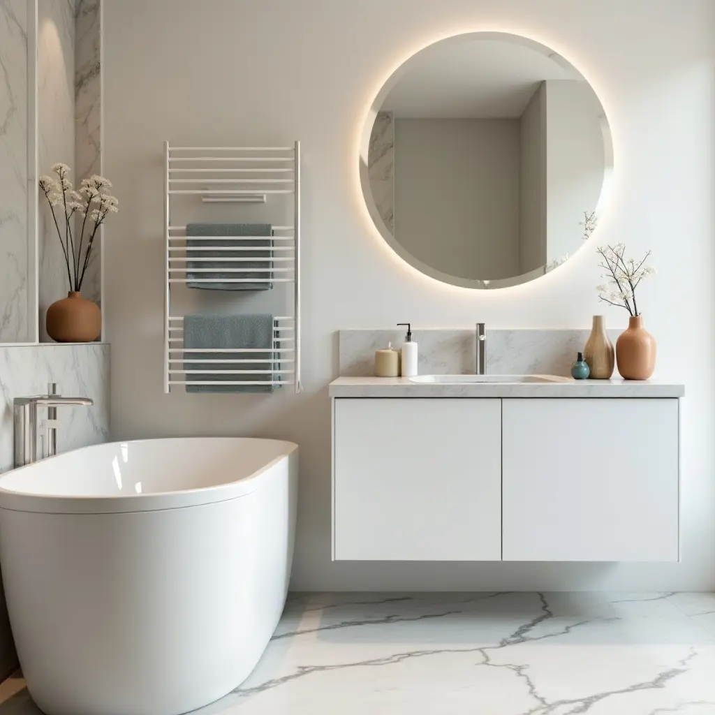 a photo of a bathroom with a chic wall-mounted magazine rack