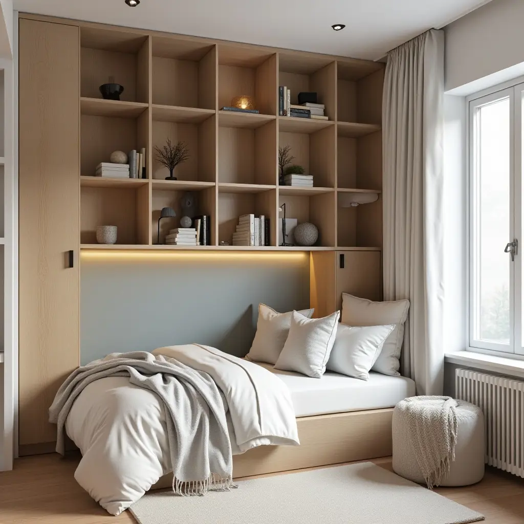 a photo of a compact teen bedroom shelving unit maximizing storage and style